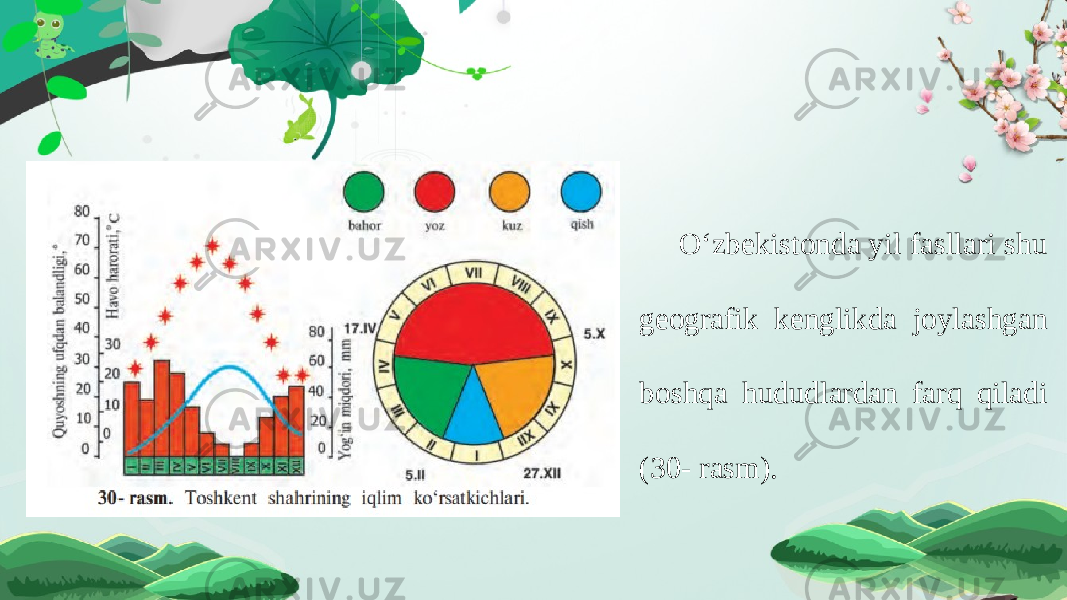 O‘zbekistonda yil fasllari shu geografik kenglikda joylashgan boshqa hududlardan farq qiladi (30- rasm). 