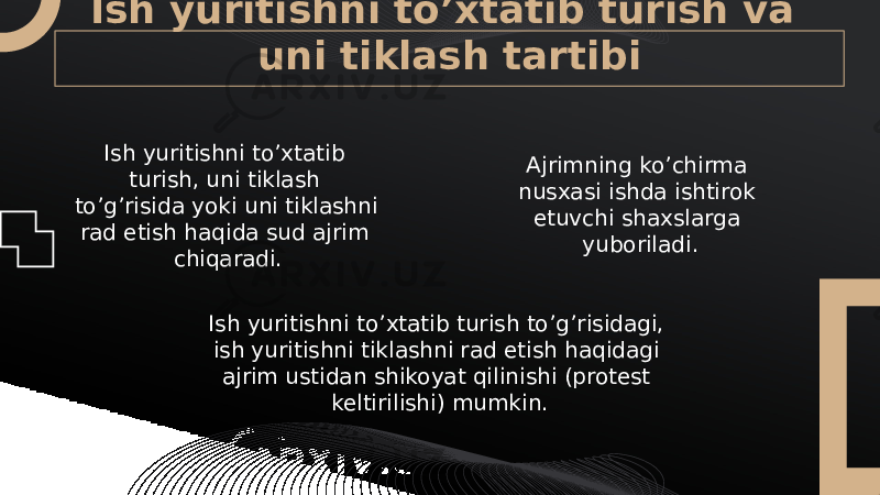 Ish yuritishni to’xtatib turish va uni tiklash tartibi Ish yuritishni to’xtatib turish, uni tiklash to’g’risida yoki uni tiklashni rad etish haqida sud ajrim chiqaradi. Ajrimning ko’chirma nusxasi ishda ishtirok etuvchi shaxslarga yuboriladi. Ish yuritishni to’xtatib turish to’g’risidagi, ish yuritishni tiklashni rad etish haqidagi ajrim ustidan shikoyat qilinishi (protest keltirilishi) mumkin. 