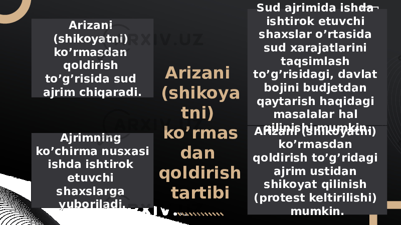 Arizani (shikoya tni) ko’rmas dan qoldirish tartibiArizani (shikoyatni) ko’rmasdan qoldirish to’g’risida sud ajrim chiqaradi. Arizani (shikoyatni) ko’rmasdan qoldirish to’g’ridagi ajrim ustidan shikoyat qilinish (protest keltirilishi) mumkin.Sud ajrimida ishda ishtirok etuvchi shaxslar o’rtasida sud xarajatlarini taqsimlash to’g’risidagi, davlat bojini budjetdan qaytarish haqidagi masalalar hal qilinishi mumkin. Ajrimning ko’chirma nusxasi ishda ishtirok etuvchi shaxslarga yuboriladi. 