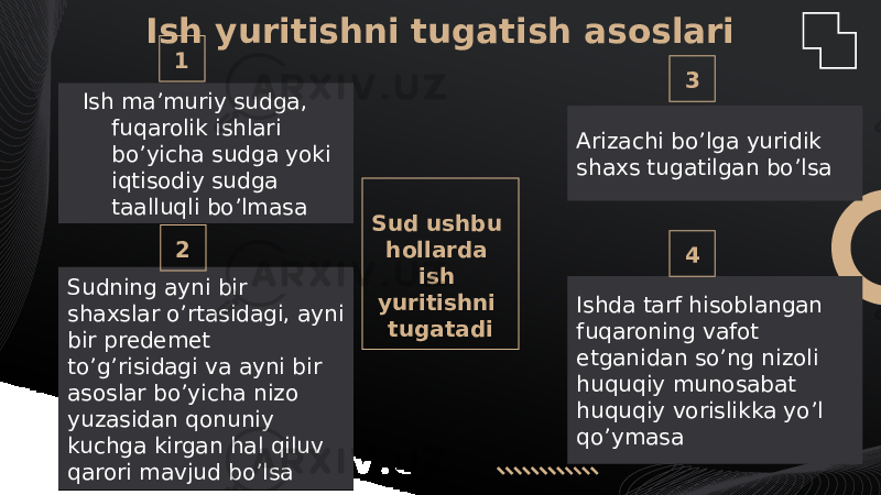 Sudning ayni bir shaxslar o’rtasidagi, ayni bir predemet to’g’risidagi va ayni bir asoslar bo’yicha nizo yuzasidan qonuniy kuchga kirgan hal qiluv qarori mavjud bo’lsa Arizachi bo’lga yuridik shaxs tugatilgan bo’lsa Ishda tarf hisoblangan fuqaroning vafot etganidan so’ng nizoli huquqiy munosabat huquqiy vorislikka yo’l qo’ymasaIsh yuritishni tugatish asoslari 1 2 3 4Ish ma’muriy sudga, fuqarolik ishlari bo’yicha sudga yoki iqtisodiy sudga taalluqli bo’lmasa Sud ushbu hollarda ish yuritishni tugatadi 