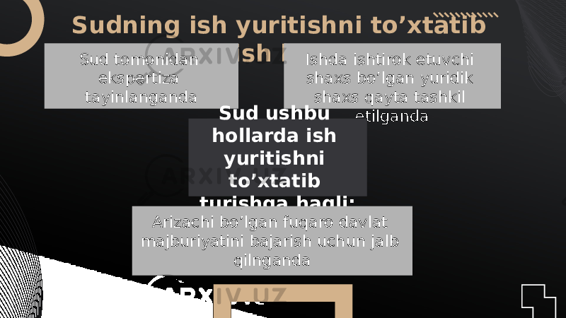 Sudning ish yuritishni to’xtatib turish huquqi Sud tomonidan ekspertiza tayinlanganda Ishda ishtirok etuvchi shaxs bo’lgan yuridik shaxs qayta tashkil etilgandaSud ushbu hollarda ish yuritishni to’xtatib turishga haqli: Arizachi bo’lgan fuqaro davlat majburiyatini bajarish uchun jalb qilnganda 