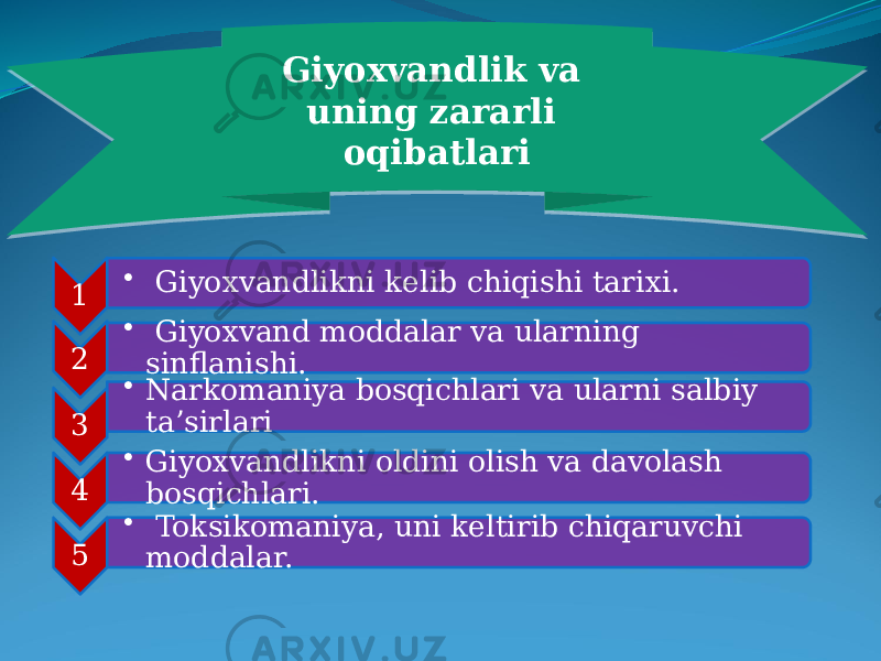 1 • Giyoxvandlikni kelib chiqishi tarixi. 2 • Giyoxvand moddalar va ularning sinflanishi. 3 • Narkomaniya bosqichlari va ularni salbiy ta’sirlari 4 • Giyoxvandlikni oldini olish va davolash bosqichlari. 5 • Toksikomaniya, uni keltirib chiqaruvchi moddalar. Giyoxvandlik va uning zararli oqibatlari 0113 1D 15 