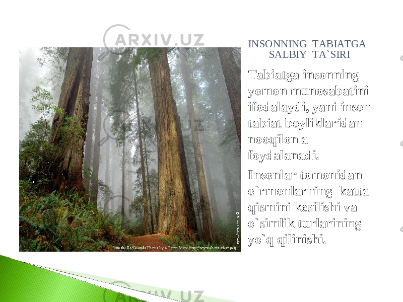 INSONNING TABIATGA SALBIY TA`SIRI Tabiatga insonning yomon munosabatini ifodalaydi, yani inson tabiat boyliklaridan nooqilon a foydalanadi. Insonlar tomonidan o`rmonlarning katta qismini kesilishi va o`simlik turlarining yo`q qilinishi. 