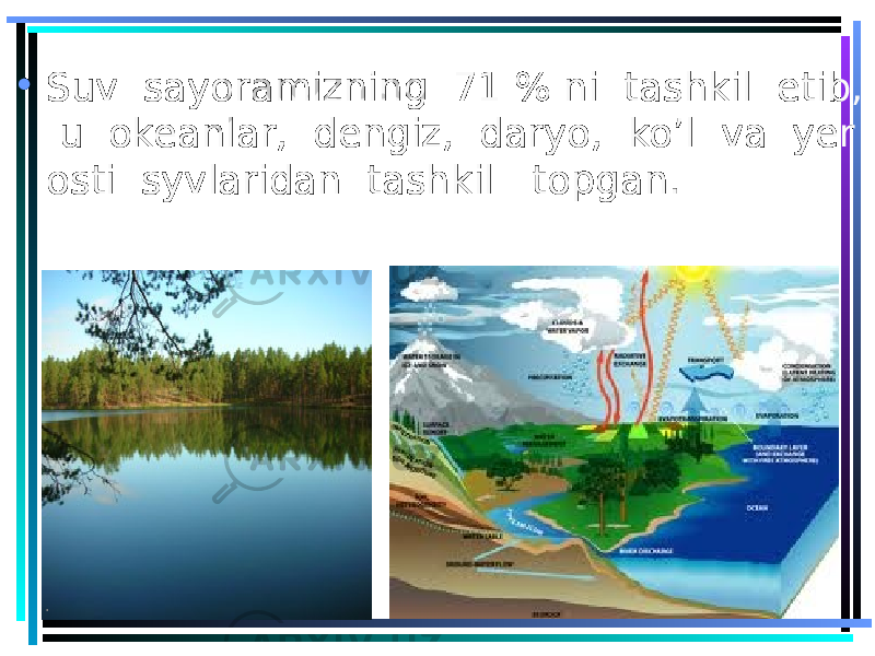  • Suv sayoramizning 71 % ni tashkil etib, u okeanlar, dengiz, daryo, ko’l va yer osti syvlaridan tashkil topgan. . 3 