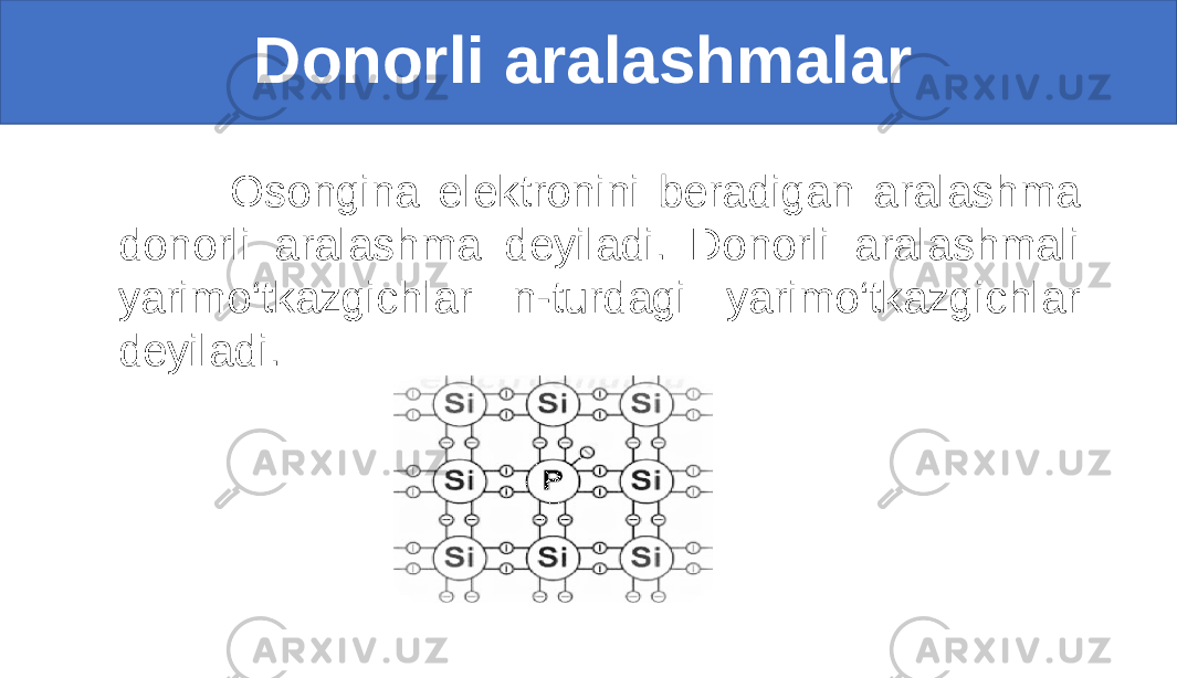  Donorli aralashmalar Osongina elektronini beradigan aralashma donorli aralashma deyiladi. Donorli aralashmali yarimo‘tkazgichlar n-turdagi yarimo‘tkazgichlar deyiladi. 