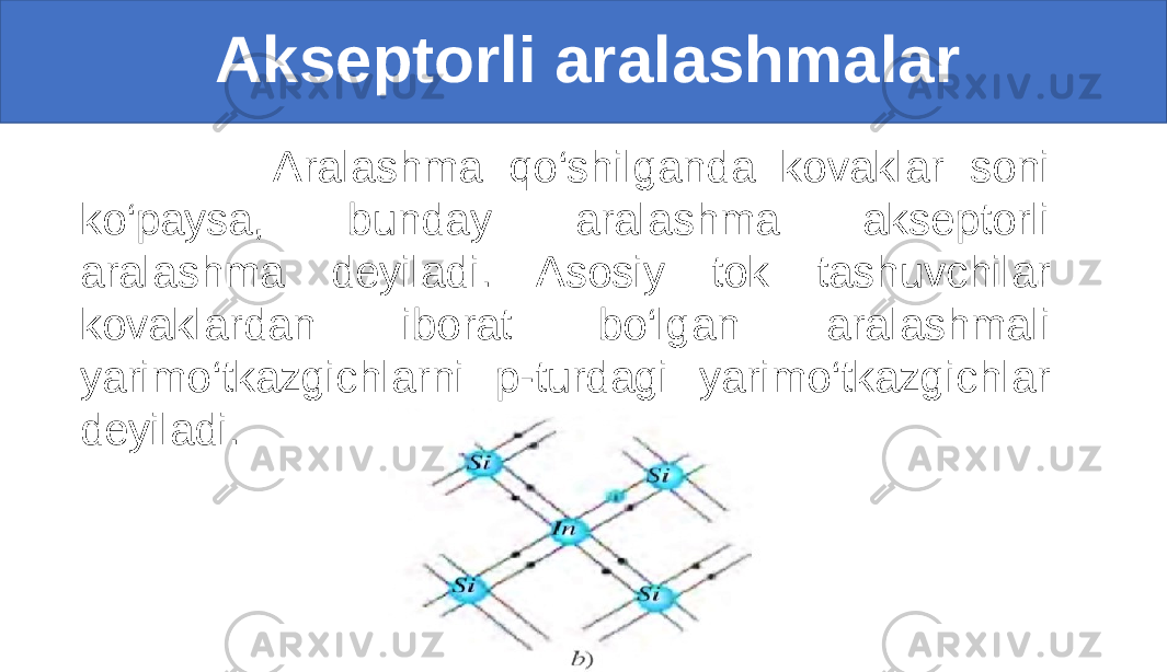  Akseptorli aralashmalar Aralashma qo‘shilganda kovaklar soni ko‘paysa, bunday aralashma akseptorli aralashma deyiladi. Asosiy tok tashuvchilar kovaklardan iborat bo‘lgan aralashmali yarimo‘tkazgichlarni p-turdagi yarimo‘tkazgichlar deyiladi. 