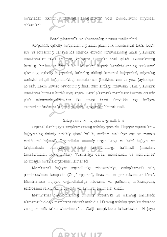 hujayradan ikkinchi hujayraga qo`zg`atuvchi yoki tormozlovchi impulslar o`tkaziladi. Bazal plazmatik membrananing maxsus tuzilmalari Ko`pchilik epiteliy hujayralarning bazal plazmatik membranasi tekis. Lekin suv va ionlarning transportida ishtirok etuvchi hujayralarning bazal plazmatik membranalari tekis bo`lmay, ko`pgina burmalar hosil qiladi. Burmalarning kattaligi bir-biridan farq qiladi. Masalan, buyrak kanalchalarining proksimal qismidagi epiteliy hujayralari, ko`zning oldingi kamerasi hujayralari, miyaning xoriodal chigali hujayralaridagi burmalar son jihatidan, kam va yuza joylashgan bo`ladi. Lekin buyrak neyronining distal qismlaridagi hujayralar bazal plazmatik membrana burmasi kuchli rivojlangan. Bazal plazmatik membrana burmasi orasida yirik mitoxondriyalar bor. Bu erdagi bqori aktivlikka ega bo`lgan adenozintrifosfotaza ionlarining aktiv transportida ishtirok etadi. Sitoplazma va hujayra organellalari Organellalar hujayra sitoplazmasining tarkibiy qismidir. Hujayra organellari – hujayraning doimiy tarkibiy qismi bo`lib, ma’lum tuzilishga ega va maxsus vazifalarni bajaradi. Organellalar umumiy organellarga va ba’zi hujayra va to`qimalarda uchraydigan xususiy organellalarga bo`linadi (masalan, tonofibrillalar, neyrofibrillar). Tuzilishiga qarab, membranali va membranasi bo`lmagan hujayra organellari farqlanadi. Membranali hujayra organellariga mitoxondriya, endoplazmatik to`r, plastinkasimon kompleks (Golji apparati), lizosoma va peroksisomalar kiradi. Membranasiz hujayra organellalariga ribosoma va polisoma, mikronaycha, sentrosoma va kiprikcha, xivchin va fibrillyar tuzilmalar kiradi. Membranali organoidlarning umumiy xususiyati bu ularning tuzilishida elementar biologik membrana ishtirok etishidir. Ularning tarkibiy qismlari donador endoplazmatik to`rda sintezlanadi va Golji kompleksida ixtisoslashadi. Hujayra 