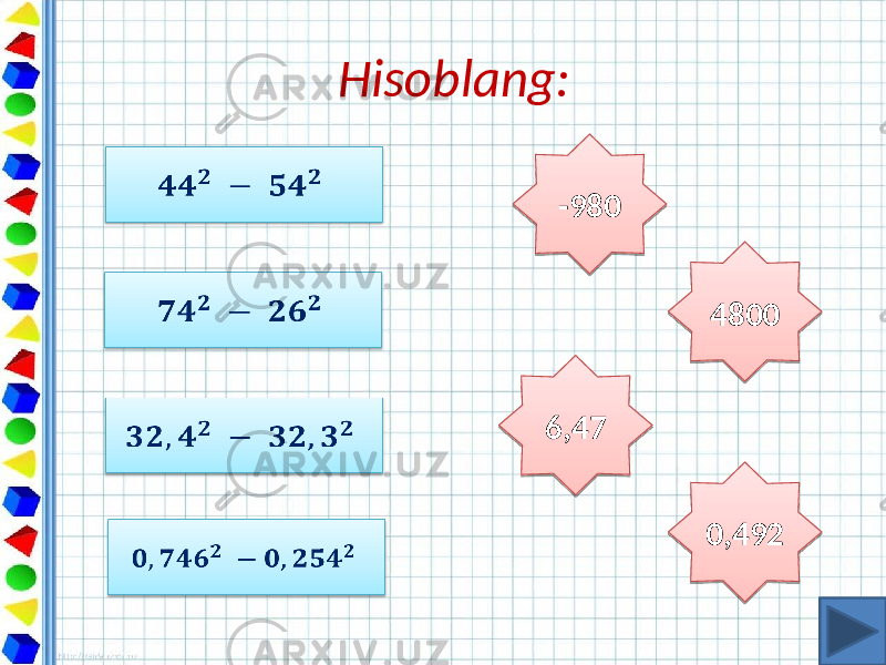 Hisoblang: -980 4800 6,47 0,49226 1317 152A13 252A13 