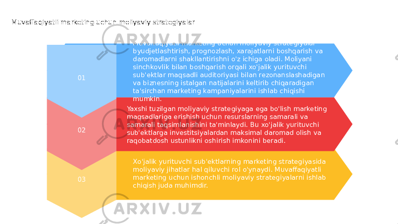 03 Xo&#39;jalik yurituvchi sub&#39;ektlarning marketing strategiyasida moliyaviy jihatlar hal qiluvchi rol o&#39;ynaydi. Muvaffaqiyatli marketing uchun ishonchli moliyaviy strategiyalarni ishlab chiqish juda muhimdir.02 Yaxshi tuzilgan moliyaviy strategiyaga ega bo&#39;lish marketing maqsadlariga erishish uchun resurslarning samarali va samarali taqsimlanishini ta&#39;minlaydi. Bu xo&#39;jalik yurituvchi sub&#39;ektlarga investitsiyalardan maksimal daromad olish va raqobatdosh ustunlikni oshirish imkonini beradi.Muvaffaqiyatli marketing uchun moliyaviy strategiyalar 01 Muvaffaqiyatli marketing uchun moliyaviy strategiyalar byudjetlashtirish, prognozlash, xarajatlarni boshqarish va daromadlarni shakllantirishni o&#39;z ichiga oladi. Moliyani sinchkovlik bilan boshqarish orqali xo&#39;jalik yurituvchi sub&#39;ektlar maqsadli auditoriyasi bilan rezonanslashadigan va biznesning istalgan natijalarini keltirib chiqaradigan ta&#39;sirchan marketing kampaniyalarini ishlab chiqishi mumkin. 