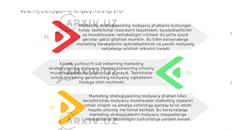 Marketing strategiyasining moliyaviy jihatlariga kirish 02Xo&#39;jalik yurituvchi sub&#39;ektlarning marketing strategiyasining moliyaviy jihatlari biznesning umumiy muvaffaqiyatida hal qiluvchi rol o&#39;ynaydi. Tashkilotlar uchun marketing qarorlarining moliyaviy oqibatlarini hisobga olish muhimdir. 03 Marketing strategiyasining moliyaviy jihatlari bilan tanishtirishda moliyaviy mulohazalar marketing rejalarini ishlab chiqish va amalga oshirishga qanday ta’sir etishi haqida umumiy ma’lumot beriladi. Bu korxonalarga marketing strategiyalarini moliyaviy maqsadlariga moslashtirish muhimligini tushunishga yordam beradi.01 Marketing strategiyasining moliyaviy jihatlarini tushungan holda, tashkilotlar resurslarni taqsimlash, byudjetlashtirish va investitsiyalar rentabelligini o&#39;lchash bo&#39;yicha asosli qarorlar qabul qilishlari mumkin. Bu bilim korxonalarga marketing harakatlarini optimallashtirish va yaxshi moliyaviy natijalarga erishish imkonini beradi. 