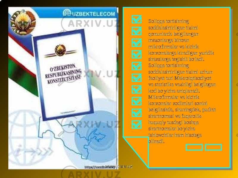 Soliqqa tortishning soddalashtirilgan tizimi qonunlarda belgilangan mezonlarga binoan mikrofirmalar va kichik korxonalarga kiradigan yuridik shaxslarga tegishli bo&#39;ladi. Soliqqa tortishning soddalashtirilgan tizimi uchun faoliyat turi Makroiqtisodiyot va statistika vazirligi belgilagan kod bo&#39;yicha aniqlanadi. Mikrofirmalar va kichik korxonalar xodimlari sonini belgilashda, shuningdek, pudrat shartnomasi va fuqarolik- huquqiy tusdagi boshqa shartnomalar bo&#39;yicha ishlovchilar ham hisobga olinadi.Soliqqa tortishning soddalashtirilgan tizimi qonunlarda belgilangan mezonlarga binoan mikrofirmalar va kichik korxonalarga kiradigan yuridik shaxslarga tegishli bo&#39;ladi. Soliqqa tortishning soddalashtirilgan tizimi uchun faoliyat turi Makroiqtisodiyot va statistika vazirligi belgilagan kod bo&#39;yicha aniqlanadi. Mikrofirmalar va kichik korxonalar xodimlari sonini belgilashda, shuningdek, pudrat shartnomasi va fuqarolik- huquqiy tusdagi boshqa shartnomalar bo&#39;yicha ishlovchilar ham hisobga olinadi. www.arxiv.uz 