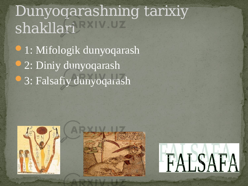  1: Mifologik dunyoqarash  2: Diniy dunyoqarash  3: Falsafiy dunyoqarashDunyoqarashning tarixiy shakllari 