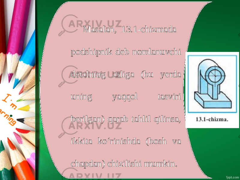 Masalan, 13.1-chizmada podshipnik deb nomlanuvchi detalning asliga (bu yerda uning yaqqol tasviri berilgan) qarab tahlil qilinsa, ikkita ko‘rinishda (bosh va chapdan) chizilishi mumkin. 