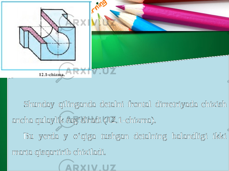 Shunday qilinganda detalni frontal dimetriyada chizish ancha qulaylik tug‘diradi (12.1-chizma). Bu yerda y o‘qiga tushgan detalning balandligi ikki marta qisqartirib chiziladi. 