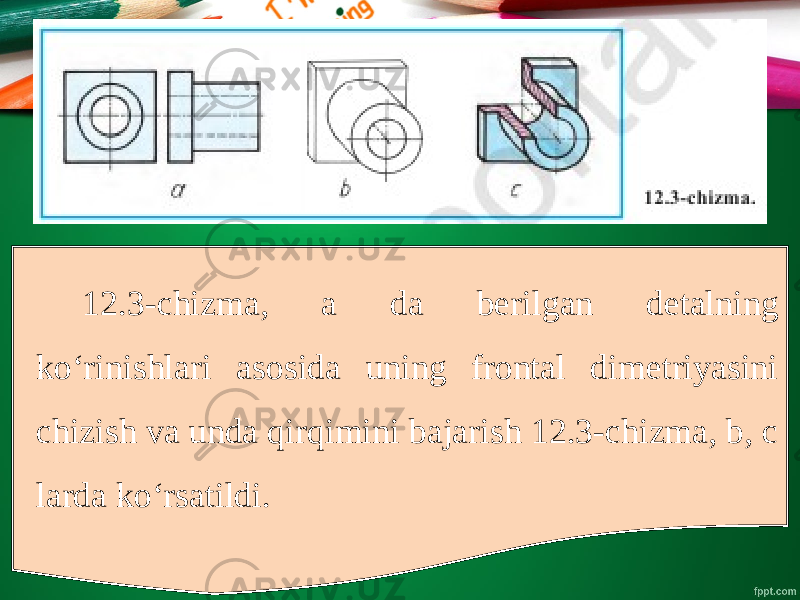 12.3-chizma, a da berilgan detalning ko‘rinishlari asosida uning frontal dimetriyasini chizish va unda qirqimini bajarish 12.3-chizma, b, c larda ko‘rsatildi. 