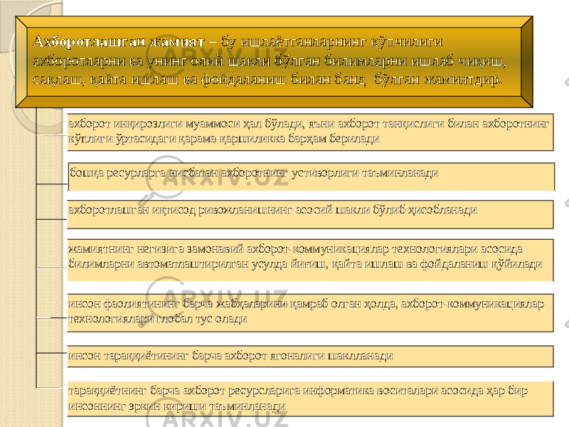 Ахборотлашган жамият – бу ишлаётганларнинг кўпчилиги ахборотларни ва унинг олий шакли бўлган билимларни ишлаб чиқиш, сақлаш, қайта ишлаш ва фойдаланиш билан банд бўлган жамиятдир. ахборот инқирозлиги муаммоси ҳал бўлади, яъни ахборот танқислиги билан ахборотнинг кўплиги ўртасидаги қарама-қаршиликка барҳам берилади бошқа ресурларга нисбатан ахборотнинг устиворлиги таъминланади ахборотлашган иқтисод ривожланишнинг асосий шакли бўлиб ҳисобланади жамиятнинг негизига замонавий ахборот-коммуникациялар технологиялари асосида билимларни автоматлаштирилган усулда йиғиш, қайта ишлаш ва фойдаланиш қўйилади инсон фаолиятининг барча жабҳаларини қамраб олган ҳолда, ахборот-коммуникациялар технологиялари глобал тус олади инсон тараққиётининг барча ахборот ягоналиги шаклланади тараққиётнинг барча ахборот ресурсларига информатика воситалари асосида ҳар бир инсоннинг эркин кириши таъминланади 