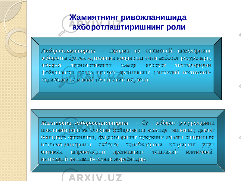 Жамиятнинг ривожланишида ахборотлаштиришнинг роли Ахборотлаштириш – юридик ва жисмоний шахсларнинг ахборотга бўлган эҳтиёжини қондириш учун ахборот ресурслари, ахборот технологиялари ҳамда ахборот тизимларидан фойдаланган ҳолда шароит яратишнинг ташкилий ижтимоий- иқтисодий ва илмий-техникавий жараёни. Жамиятни ахборотлаштириш – бу ахборот ресурсларини шакллантириш ва улардан фойдаланиш асосида ташкилот, давлат бошқарув органлари, фуқароларнинг ҳуқуқини амалга ошириш ва истеъмолчиларнинг ахборот эҳтиёжларини қондириш учун оптимал шароитларни яратишнинг ташкилий ижтимоий- иқтисодий ва илмий-техник жараёнидир. 