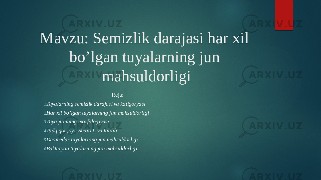 Mavzu: Semizlik darajasi har xil bo’lgan tuyalarning jun mahsuldorligi Reja: 1. Tuyalarning semizlik darajasi va katigoryasi 2. Har xil bo’lgan tuyalarning jun mahsuldorligi 3. Tuya junining morfalogiyasi 4. Tadqiqot joyi, Sharoiti va tahlili 5. Deomedar tuyalarning jun mahsuldorligi 6. Bakteryan tuyalarning jun mahsuldorligi 