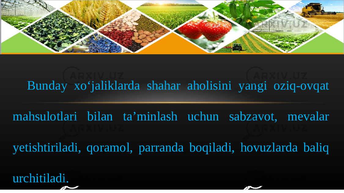 Bunday xo‘jaliklarda shahar aholisini yangi oziq-ovqat mahsulotlari bilan ta’minlash uchun sabzavot, mevalar yetishtiriladi, qoramol, parranda boqiladi, hovuzlarda baliq urchitiladi. 