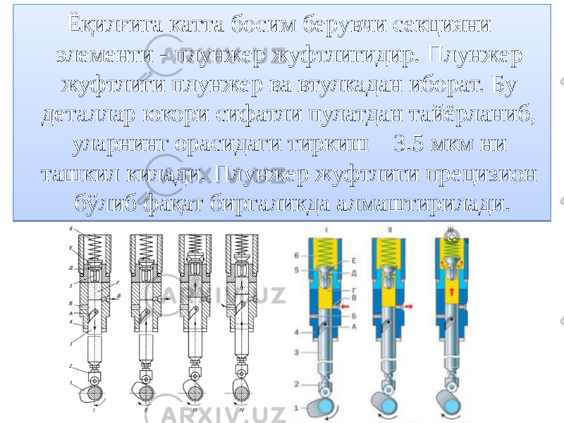 Ёқилғига катта босим берувчи секцияни элементи - плунжер жуфтлигидир. Плунжер жуфтлиги плунжер ва втулкадан иборат. Бу деталлар юкори сифатли пулатдан тайёрланиб, уларнинг орасидаги тиркиш 3.5 мкм ни ташкил килади. Плунжер жуфтлиги прецизион бўлиб фақат биргаликда алмаштирилади.43 3F 35 2E21 20 12 0D 