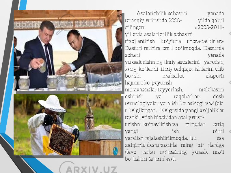  Asalarichilik sohasini yanada taraqqiy ettirishda 2009- yilda qabul qilingan «2009-2011- yillarda asalarichilik sohasini rivojlantirish bo‘yicha chora-tadbirlar» Dasturi muhim omil bo‘lmoqda. Dasturda sohani yanada yuksaltirishning ilmiy asoslarini yaratish, keng ko‘lamli ilmiy tadqiqot ishlarini olib borish, mahsulot eksporti hajmini ko‘paytirish mutaxassislar tayyorlash, malakasini oshirish va raqobatbar- dosh texnologiyalar yaratish borasidagi vazifala r belgilangan. Kelgusida yangi xo‘jaliklar tashkil etish hisobidan asal yetish- tirishni ko‘paytirish va mingdan ortiq yangi ish o‘rni yaratish rejalashtirilmoqda. Bu esa xalqimiz dasturxonida ming bir dardga davo ushbu ne’matning yanada mo‘l bo‘lishini ta’minlaydi. 