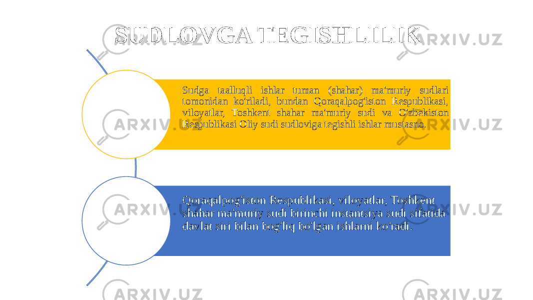 SUDLOVGA TEGISHLILIK Sudga taalluqli ishlar tuman (shahar) ma&#39;muriy sudlari tomonidan ko&#39;riladi, bundan Qoraqalpog&#39;iston Respublikasi, viloyatlar, Toshkent shahar ma&#39;muriy sudi va O&#39;zbekiston Respublikasi Oliy sudi sudloviga tegishli ishlar mustasno. Qoraqalpog&#39;iston Respublikasi, viloyatlar, Toshkent shahar ma&#39;muriy sudi birinchi instantsiya sudi sifatida davlat siri bilan bog&#39;liq bo&#39;lgan ishlarni ko&#39;radi. 