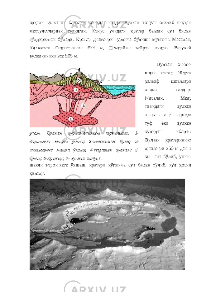 орқали вулканни бевосита озиқлантиради. Вулкан конуси отилиб чиққан маҳсулотлардан тузилган. Конус учидаги кратер баъзан сув билан тўлдирилган бўлади. Кратер диаметри турлича бўлиши мумкин. Масалан, Ключевск Сопкасиники 675 м, Помпейни вайрон қилган Везувий вулканиники эса 568 м. Вулкан отили- шдан ҳосил бўлган рельеф шакллари хилма - хилдир. Масалан, Маар типидаги вулкан кратерининг атрофи туф ёки вулкан кулидан иборат. Вулкан кратерининг диаметри 250 м дан 1 км гача бўлиб, унинг шакли ворон-кага ўхшаш, кратери кўпинча сув билан тўлиб, кўл ҳосил қилади.расм. Вулкан қурилмасининг тузилиши. 1- бирламчи магма ўчоғи; 2-тектоник ёриқ; 3- иккиламчи магма ўчоғи; 4-паразит вулкан; 5- бўғиз; 6-кратер; 7- вулкан конуси. 