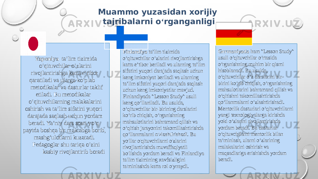 Muammo yuzasidan xorijiy tajribalarni o ‘ rganganligi Yaponiya ta‘lim tizimida o‘qituvchilar o‘zlarini rivojlantirishga katta e‘tibor qaratiladi va ularga ko‘plab metodikalar va dasturlar taklif etiladi. Bu metodikalar o‘qituvchilarning malakalarini oshirish va ta‘lim sifatini yuqori darajada saqlash uchun yordam beradi. Ya’niy dars soati yo‘q paytda boshqa bir maktabga borib, mashg’ulotlarni kuzatadi. Pedagoglar shu tariqa o‘zini kasbiy rivojlantirib boradi Germaniyada ham &#34;Lesson Study&#34; usuli o‘qituvchilar o‘rtasida o‘rganishning muhim bir qismi hisoblanadi. Bu usulda, o‘qituvchilar o‘z darslarini bir- birini ko‘rib chiqish, o‘rganishning mahsulotlarini bahramand qilish va o‘qitishni takomillashtirishda qo‘llanmalarni o‘zlashtirishadi. Mentorlik dasturlari o‘qituvchilarni yangi texnologiyalarga kirishda yoki o‘zlarini rivojlantirishda yordam beradi. Bu dasturlar o‘qituvchilarni mentorlik bilan ta‘minlash, ularni o‘zlarining malakalarini oshirish va maqsadlariga erishishda yordam beradi.Finlandiya ta’lim tizimida o‘qituvchilar o‘zlarini rivojlantirishga katta e’tibor beriladi va ularning ta’lim sifatini yuqori darajada saqlash uchun keng imkoniyat beriladi va ularning ta’lim sifatini yuqori darajada saqlash uchun keng imkoniyatlar mavjud. Finlandiyada &#34;Lesson Study&#34; usuli keng qo‘llaniladi. Bu usulda, o‘qituvchilar bir-birining darslarini ko‘rib chiqish, o‘rganishning mahsulotlarini bahramand qilish va o‘qitish jarayonini takomillashtirishda qo‘llanmalarni o&#39;zlashtirishadi. Bu yo&#39;llar o&#39;qituvchilarni o&#39;zlarini rivojlantirishda muvaffaqiyatli bo&#39;lishda yordam beradi va Finlandiya ta&#39;lim tizimining xavfsizligini ta&#39;minlashda katta rol o&#39;ynaydi. 