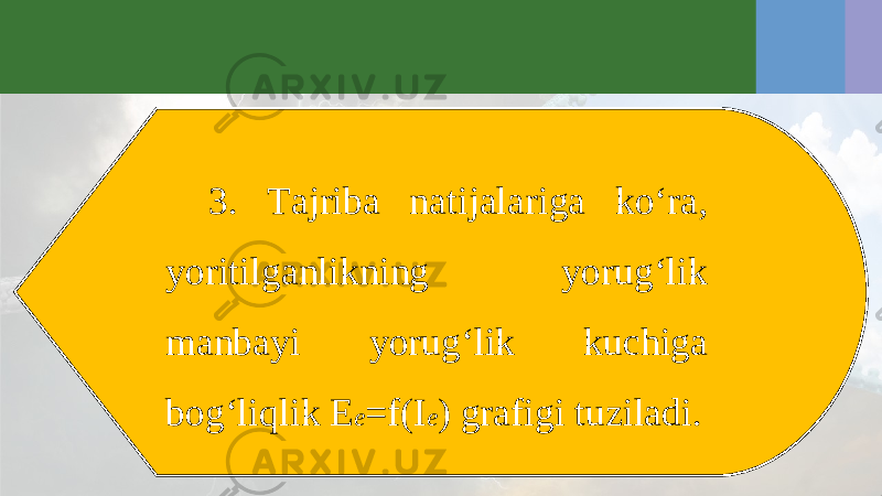 3. Tajriba natijalariga ko‘ra, yoritilganlikning yorug‘lik manbayi yorug‘lik kuchiga bog‘liqlik E e =f(I e ) grafigi tuziladi. 