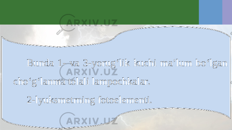 Bunda 1- va 3-yorug‘lik kuchi ma’lum bo‘lgan cho‘g‘lanma tolali lampochkalar. 2-lyuksmetrning fotoelementi. 