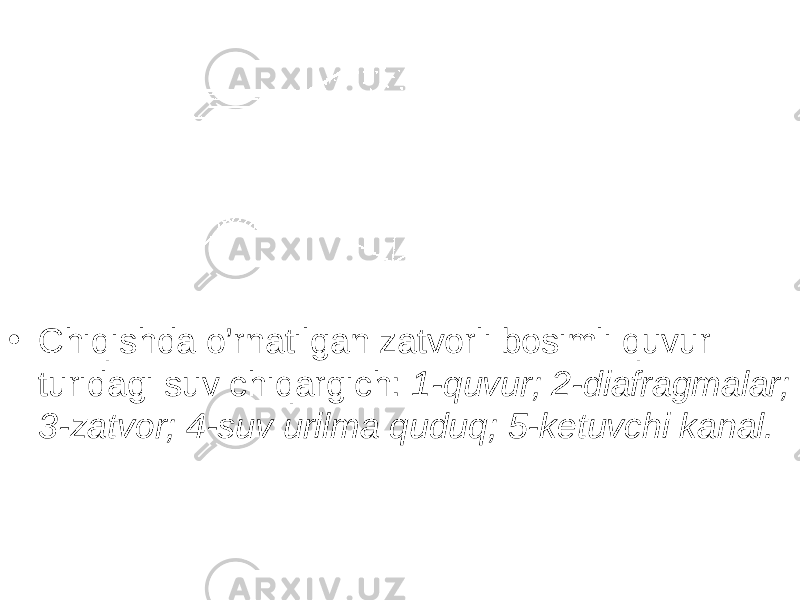 • Chiqishda o’rnatilgan zatvorli bosimli quvur turidagi suv chiqargich: 1-quvur; 2-diafragmalar; 3-zatvor; 4-suv urilma quduq; 5-ketuvchi kanal. 