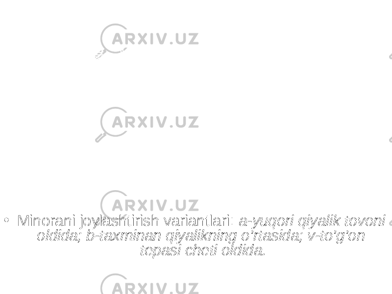 • Minorani joylashtirish variantlari: a-yuqori qiyalik tovoni oldida; b-taxminan qiyalikning o’rtasida; v-to’g’on tepasi cheti oldida. 