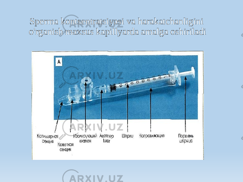 Sperma kontsentratsiyasi va harakatchanligini o&#39;rganish maxsus kapillyarda amalga oshiriladi 