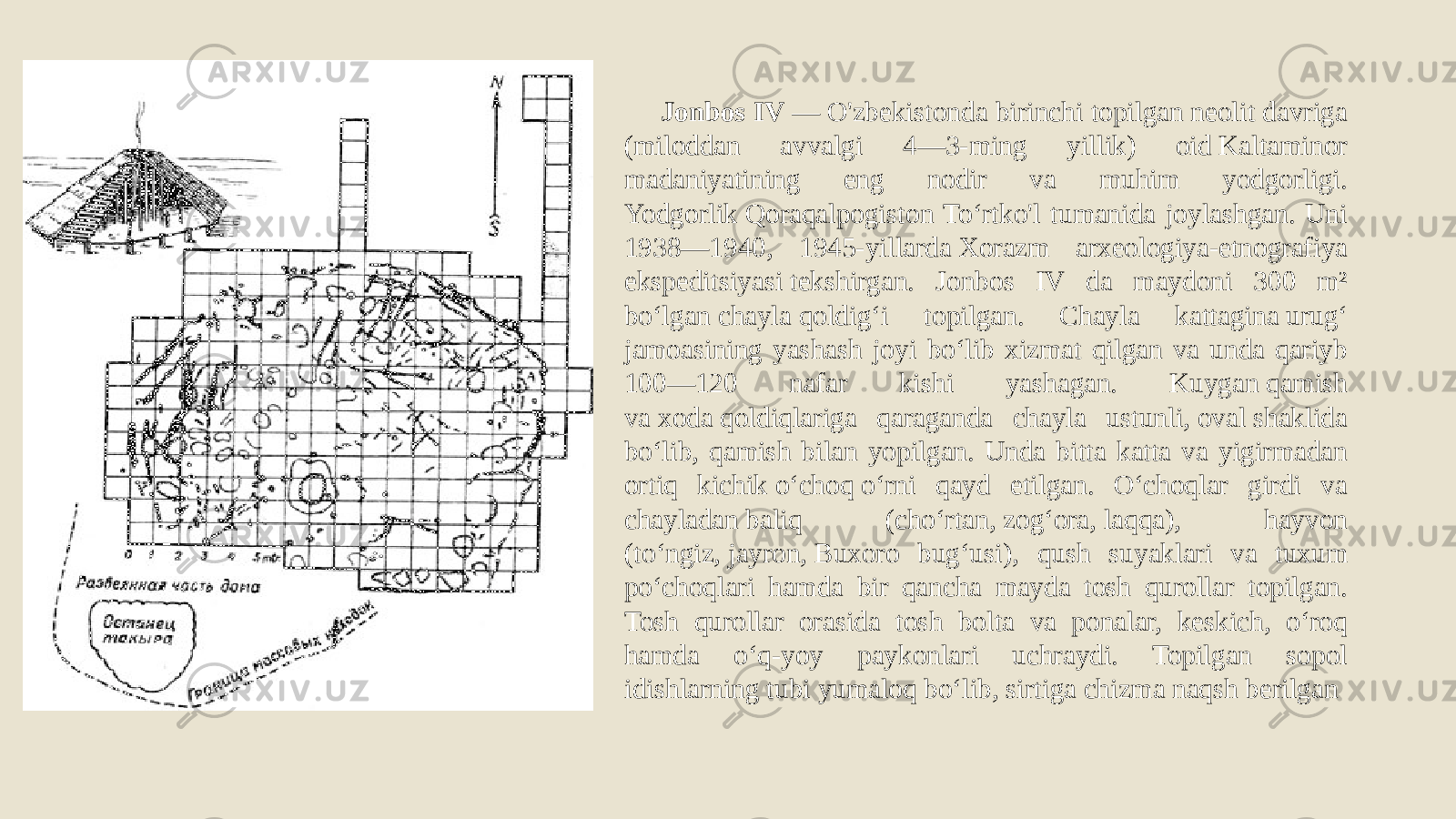 Jonbos IV  — O&#39;zbekistonda birinchi topilgan neolit davriga (miloddan avvalgi 4—3-ming yillik) oid Kaltaminor madaniyatining eng nodir va muhim yodgorligi. Yodgorlik Qoraqalpogiston Toʻrtko&#39;l tumanida joylashgan. Uni 1938—1940, 1945-yillarda Xorazm arxeologiya-etnografiya ekspeditsiyasi tekshirgan. Jonbos IV da maydoni 300 m² boʻlgan chayla qoldigʻi topilgan. Chayla kattagina urugʻ jamoasining yashash joyi boʻlib xizmat qilgan va unda qariyb 100—120 nafar kishi yashagan. Kuygan qamish va xoda qoldiqlariga qaraganda chayla ustunli, oval shaklida boʻlib, qamish bilan yopilgan. Unda bitta katta va yigirmadan ortiq kichik oʻchoq oʻrni qayd etilgan. Oʻchoqlar girdi va chayladan baliq (choʻrtan, zogʻora, laqqa), hayvon (toʻngiz, jayron, Buxoro bugʻusi), qush suyaklari va tuxum poʻchoqlari hamda bir qancha mayda tosh qurollar topilgan. Tosh qurollar orasida tosh bolta va ponalar, keskich, oʻroq hamda oʻq-yoy paykonlari uchraydi. Topilgan sopol idishlarning tubi yumaloq boʻlib, sirtiga chizma naqsh berilgan 