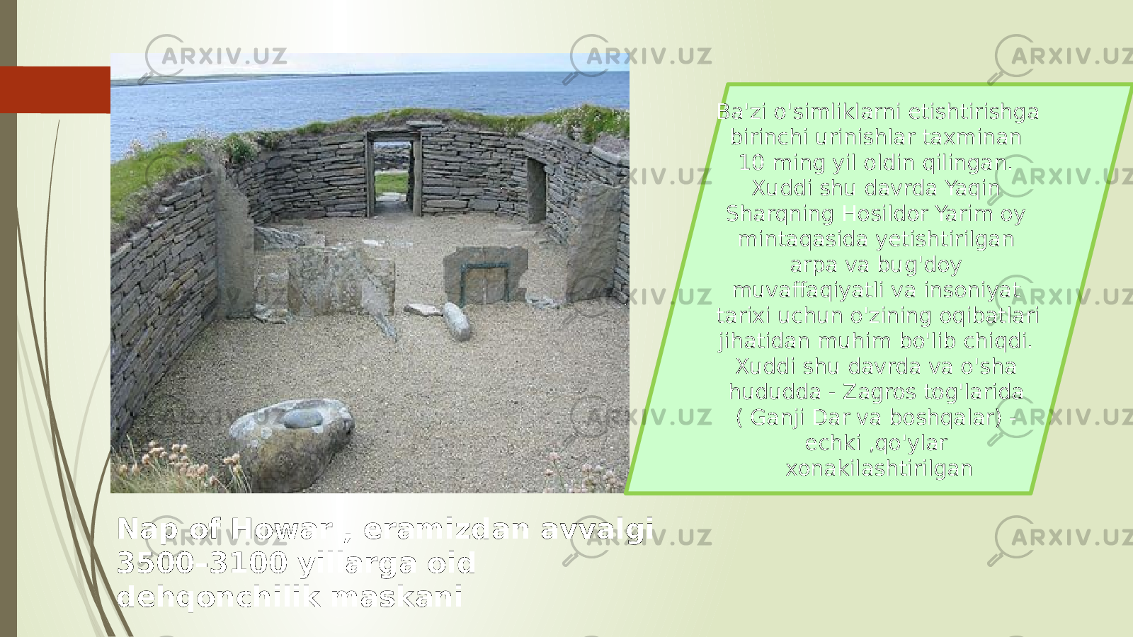 Nap of Howar , eramizdan avvalgi 3500–3100 yillarga oid dehqonchilik maskani Ba&#39;zi o&#39;simliklarni etishtirishga birinchi urinishlar taxminan 10 ming yil oldin qilingan. Xuddi shu davrda Yaqin Sharqning Hosildor Yarim oy mintaqasida yetishtirilgan arpa va bug&#39;doy muvaffaqiyatli va insoniyat tarixi uchun o&#39;zining oqibatlari jihatidan muhim bo&#39;lib chiqdi. Xuddi shu davrda va o&#39;sha hududda - Zagros tog&#39;larida ( Ganji Dar va boshqalar) - echki ,qo&#39;ylar xonakilashtirilgan 