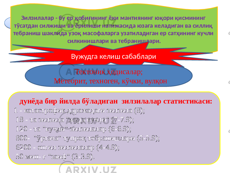 I дунёда бир йилда бўладиган зилзилалар статистикаси: 1 - катастрофик даражадаги зилзила (8); 18 - та зилзила &#34;жуда кучли&#34; (7-7.9); 120 - та &#34;кучли&#34; зилзилалар (6-6.9); 800- &#34;ўртача&#34; тупроқ тебранишлари (5-5.9); 6200 - енгил зилзилалар (4-4.9); 50 мин- г &#34;заиф&#34; (3-3.9). Зилзилалар - бу ер қобиғининг ёки мантиянинг юқори қисмининг тўсатдан силжиши ва ёрилиши натижасида юзага келадиган ва силлиқ тебраниш шаклида узоқ масофаларга узатиладиган ер сатҳининг кучли силкинишлари ва тебранишлари. Вужудга келиш сабаблари Тектоник ҳодисалар; Метеорит, техноген, кўчки, вулқон3F 