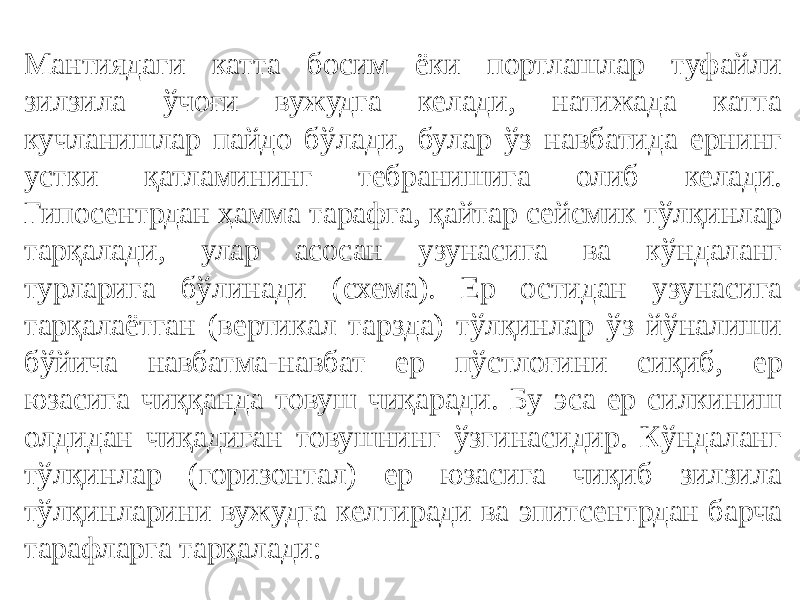 Мантиядаги катта босим ёки портлашлар туфайли зилзила ўчоғи вужудга келади, натижада катта кучланишлар пайдо бўлади, булар ўз навбатида ернинг устки қатламининг тебранишига олиб келади. Гипосентрдан ҳамма тарафга, қайтар сейсмик тўлқинлар тарқалади, улар асосан узунасига ва кўндаланг турларига бўлинади (схема). Ер остидан узунасига тарқалаётган (вертикал тарзда) тўлқинлар ўз йўналиши бўйича навбатма-навбат ер пўстлоғини сиқиб, ер юзасига чиққанда товуш чиқаради. Бу эса ер силкиниш олдидан чиқадиган товушнинг ўзгинасидир. Кўндаланг тўлқинлар (горизонтал) ер юзасига чиқиб зилзила тўлқинларини вужудга келтиради ва эпитсентрдан барча тарафларга тарқалади: 