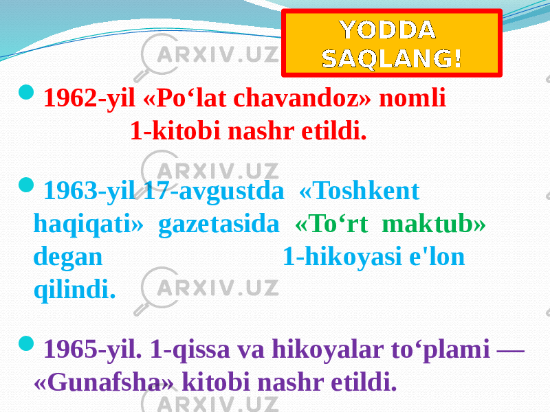  1962-yil «Po‘lat chavandoz» nomli 1-kitobi nashr etildi.  1963-yil 17-avgustda «Toshkеnt haqiqati» gazеtasida «To‘rt maktub» dеgan 1-hikoyasi e&#39;lon qilindi.  1965-yil. 1-qissa va hikoyalar to‘plami — «Gunafsha» kitobi nashr etildi. YODDA SAQLANG! 