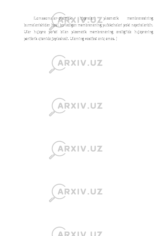 Lomasomalar -o’simlik hjayralari plazmatik membranasining burmalanishidan hosil bo’ladigan membrananing pufakchalari yoki naychalaridir. Ular hujayra po’sti bilan plazmatik membrananing oralig’ida hujayraning periferik qismida joylashadi. Ularning vazifasi aniq emas. ] 