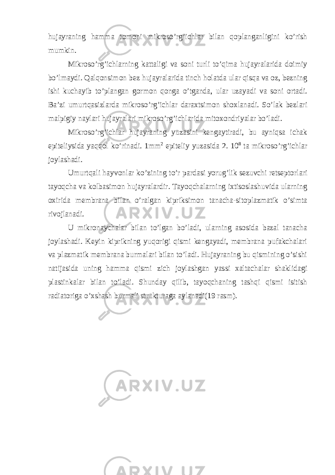 hujayraning hamma tomoni mikroso’rg’ichlar bilan qoplanganligini ko’rish mumkin. Mikroso’rg’ichlarning kattaligi va soni turli to’qima hujayralarida doimiy bo’lmaydi. Qalqonsimon bez hujayralarida tinch holatda ular qisqa va oz, bezning ishi kuchayib to’plangan gormon qonga o’tganda, ular uzayadi va soni ortadi. Ba’zi umurtqasizlarda mikroso’rg’ichlar daraxtsimon shoxlanadi. So’lak bezlari malpigiy naylari hujayralari mikroso’rg’ichlarida mitoxondriyalar bo’ladi. Mikroso’rg’ichlar hujayraning yuzasini kengaytiradi, bu ayniqsa ichak epiteliysida yaqqol ko’rinadi. 1mm 2 epiteliy yuzasida 2. 10 8 ta mikroso’rg’ichlar joylashadi. Umurtqali hayvonlar ko’zining to’r pardasi yorug’lik sezuvchi retseptorlari tayoqcha va kolbasimon hujayralardir. Tayoqchalarning ixtisoslashuvida ularning oxirida membrana bilan o’ralgan kipriksimon tanacha-sitoplazmatik o’simta rivojlanadi. U mikronaychalar bilan to’lgan bo’ladi, ularning asosida bazal tanacha joylashadi. Keyin kiprikning yuqorigi qismi kengayadi, membrana pufakchalari va plazmatik membrana burmalari bilan to’ladi. Hujayraning bu qismining o’sishi natijasida uning hamma qismi zich joylashgan yassi xaltachalar shaklidagi plastinkalar bilan to’ladi. Shunday qilib, tayoqchaning tashqi qismi isitish radiatoriga o’xshash burmali strukturaga aylanadi(19 rasm). 