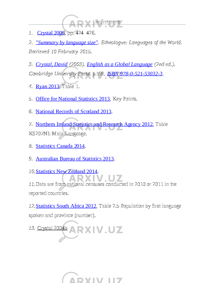 References 1.   Crystal 2006 , pp.   424–426. 2. &#34;Summary by language size&#34; .   Ethnologue: Languages of the World. Retrieved   10 February   2015. 3. Crystal, David   (2003).   English as a Global Language   (2nd ed.). Cambridge University Press. p.   69.   ISBN   978-0-521-53032-3 . 4. Ryan 2013 , Table 1. 5. Office for National Statistics 2013 , Key Points. 6. National Records of Scotland 2013 . 7. Northern Ireland Statistics and Research Agency 2012 , Table KS207NI: Main Language. 8. Statistics Canada 2014 . 9. Australian Bureau of Statistics 2013 . 10. Statistics New Zealand 2014 . 11. Data are from national censuses conducted in 2010 or 2011 in the reported countries. 12. Statistics South Africa 2012 , Table 2.5 Population by first language spoken and province (number). 13.   Crystal 2004b 