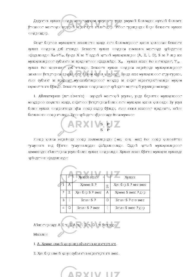 Дедуктив хулоса чиқаришнинг муҳим хусусияти унда умумий билимдан жузъий билимга ўтишнинг мантиқан зарурий характерга эгалигидир. Унинг турларидан бири бевосита хулоса чиқаришдир. Фақат биргина мулоҳазага асосланган ҳолда янги билимларнинг ҳосил қилиниши бевосита хулоса чиқариш деб аталади. Бевосита хулоса чиқариш символик мантиқда қуйидагича ифодаланади: Х SP  Y SP , бунда X ва Y оддий қатъий мулоҳазаларни (A, E, I, O), S ва P лар эса мулоҳазаларнинг субъекти ва предикатини ифодалайди. Х SP - хулоса асоси ёки антеседент, Y SP - хулоса ёки консеквент деб аталади. Бевосита хулоса чиқариш жараёнида мулоҳазаларнинг шаклини ўзгартириш орқали янги билим ҳосил қилинади. Бунда асос мулоҳазанинг структураси, яъни субъект ва предикат муносабатларининг миқдор ва сифат характеристикалари муҳим аҳамиятга эга бўлади. Бевосита хулоса чиқаришнинг қуйидаги мантиқий усуллари мавжуд: 1. Айлантириш (лот.-obv e rsio) - шундай мантиқий усулки, унда берилган мулоҳазанинг миқдорини сақлаган холда, сифатини ўзгартириш билан янги мулоҳаза ҳосил қилинади. Бу усул билан хулоса чиқарилганда қўш инкор содир бўлади, яъни аввал асоснинг предикати, кейин боғловчиси инкор этилади. Буни қуйидаги кўринишда ёзиш мумкин:Р S P S   Инкор қилиш жараёнида инкор юкламаларидан (-ма; -сиз; - мас) ёки инкор қилинаётган тушунчага зид бўлган тушунчалардан фойдаланилади. Оддий қатъий мулоҳазаларнинг ҳаммасидан айлантириш усули билан хулоса чиқарилади. Хулоса асоси бўлган мулоҳаза хулосада қуйидагича ифодаланади: Хулоса асоси Хулоса 1 А Ҳамма S-P E Ҳеч бир S-P мас эмас 2 E Ҳеч бир S-P эмас А Ҳамма S эмас P дир 3 I Баъзи S-P O Баъзи S-P сиз эмас 4 O Баъзи S-P эмас I Баъзи S эмас -P дир Айлантиришда А-Е га, Е-А га, I - O га, O - I га ўзгаради. Масалан: 1.   А. Ҳамма илмий қонунлар объектив характерга эга . Е. Ҳеч бир илмий қонун субъектив характерга эга эмас. 