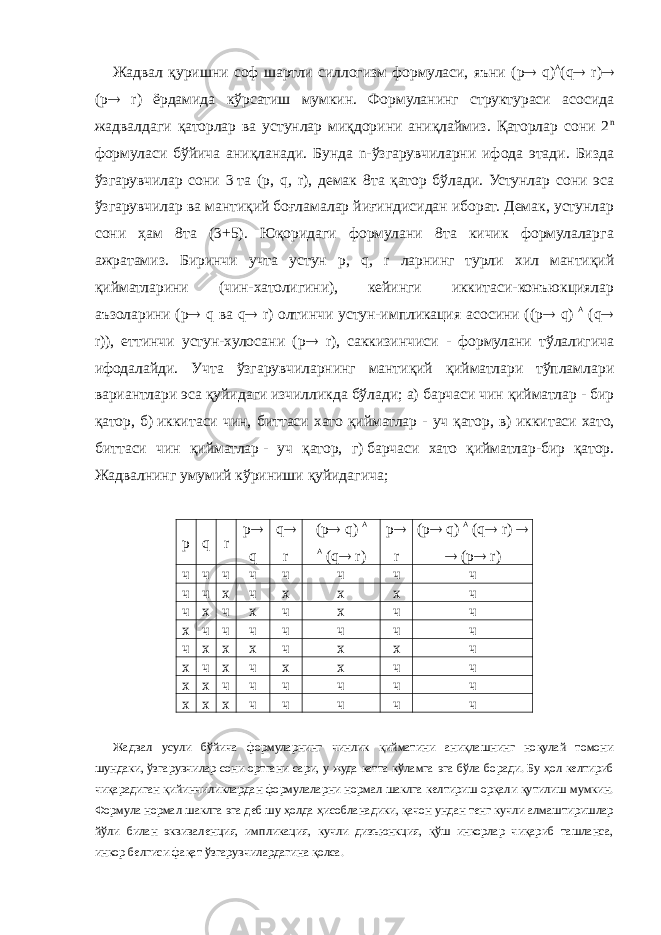 Жадвал қуришни соф шартли силлогизм формуласи, яъни ( p  q )  ( q  r )  ( p  r ) ёрдамида кўрсатиш мумкин. Формуланинг структураси асосида жадвалдаги қаторлар ва устунлар миқдорини аниқлаймиз. Қаторлар сони 2 n формуласи бўйича аниқланади. Бунда n-ўзгарувчиларни ифода этади. Бизда ўзгарувчилар сони 3   та ( p , q , r ), демак 8та қатор бўлади. Устунлар сони эса ўзгарувчилар ва мантиқий боғламалар йиғиндисидан иборат. Демак, устунлар сони ҳам 8та (3+5). Юқоридаги формулани 8та кичик формулаларга ажратамиз. Биринчи учта устун p , q , r ларнинг турли хил мантиқий қийматларини (чин-хатолигини), кейинги иккитаси-конъюкциялар аъзоларини (р  q ва q  r ) олтинчи устун-импликация асосини ((р  q )  ( q  r )), еттинчи устун-хулосани (р  r ), саккизинчиси - формулани тўлалигича ифодалайди. Учта ўзгарувчиларнинг мантиқий қийматлари тўпламлари вариантлари эса қуйидаги изчилликда бўлади; а)   барчаси чин қийматлар - бир қатор, б)   иккитаси чин, биттаси хато қийматлар - уч қатор, в)   иккитаси хато, биттаси чин қийматлар   - уч қатор, г)   барчаси хато қийматлар-бир қатор. Жадвалнинг умумий кўриниши қуйидагича; p q r p  q q  r (р  q )   ( q  r ) р  r (р  q )  ( q  r )   (р  r ) ч ч ч ч ч ч ч ч ч ч х ч х х х ч ч х ч х ч х ч ч x ч ч ч ч ч ч ч ч х х х ч х х ч х ч х ч х х ч ч х х ч ч ч ч ч ч х х х ч ч ч ч ч Жадвал усули бўйича формуларнинг чинлик қийматини аниқлашнинг ноқулай томони шундаки, ўзгарувчилар сони ортгани сари, у жуда катта кўламга эга бўла боради. Бу ҳол келтириб чиқарадиган қийинчиликлардан формулаларни нормал шаклга келтириш орқали қутилиш мумкин. Формула нормал шаклга эга деб шу ҳолда ҳисобланадики, қачон ундан тенг кучли алмаштиришлар йўли билан эквиваленция, импликация, кучли дизъюнкция, қўш инкорлар чиқариб ташланса, инкор белгиси фақат ўзгарувчилардагина қолса. 