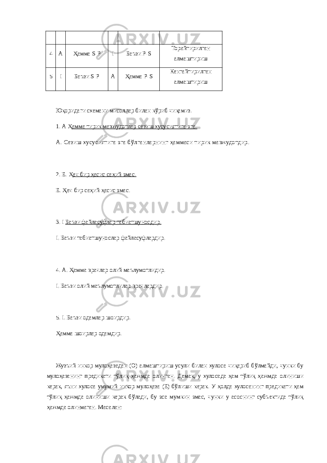 4 А Ҳамма S-P I Баъзи P-S Торайтирилган алмаштириш 5 I Баъзи S-P A Ҳ амма P-S Кенгайтирилган алмаштириш Юқоридаги схемани мисоллар билан кўриб чиқамиз. 1.   А   Ҳ амма тирик мавжудотлар сезиш хусусиятига эга. А.   Сезиш хусусиятига эга бўлганларнинг ҳаммаси тирик мавжудотдир. 2.   Е.   Ҳ еч бир ҳасис саҳий эмас. Е.   Ҳеч бир саҳий ҳасис эмас. 3.   I   Баъзи файласуфлар табиатшуносдир. I.   Баъзи табиатшунослар файласуфлардир. 4.   А.   Ҳамма врачлар олий маълумотлидир. I.   Баъзи олий маълумотлилар врачлардир. 5.   I.   Баъзи одамлар шоирдир. Ҳамма шоирлар одамдир. Жузъий инкор мулоҳазадан (О) алмаштириш усули билан хулоса чиқариб бўлмайди, чунки бу мулоҳазанинг предикати тўлиқ ҳажмда олинган. Демак, у хулосада ҳам тўлиқ ҳажмда олиниши керак, яъни хулоса умумий инкор мулоҳаза (Е) бўлиши керак. У ҳолда хулосанинг предикати ҳам тўлиқ ҳажмда олиниши керак бўлади, бу эса мумкин эмас, чунки у асоснинг субъектида тўлиқ ҳажмда олинмаган. Масалан: 