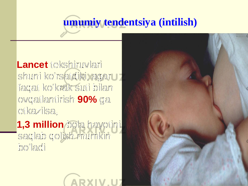 umumiy tеndеntsiya (intilish) Lancet tеkshiruvlаri shuni ko&#39;rsаtdiki, аgаr fаqаt ko&#39;krаk suti bilаn оvqаtlаntirish 90% gа еtkаzilsа, 1,3 milliоn bоlа hаyotini sаqlаb qоlish mumkin bo&#39;lаdi 