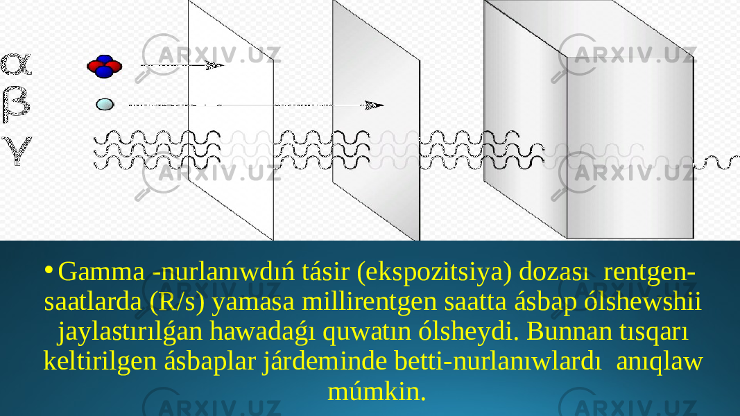 • Gamma -nurlanıwdıń tásir (ekspozitsiya) dozası rentgen- saatlarda (R/s) yamasa millirentgen saatta ásbap ólshewshii jaylastırılǵan hawadaǵı quwatın ólsheydi. Bunnan tısqarı keltirilgen ásbaplar járdeminde betti-nurlanıwlardı anıqlaw múmkin. 