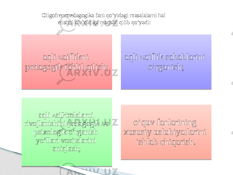 Oligofrenopedagogika fani qo’yidagi masalalarni hal etishni o’z oldiga maqsad qilib qo’yadi: aqli zaiflikni pedagogik tahlil qilish; aqli zaiflik sabablarini o’rganish; aqli zaif bolalarni rivojlanishini pedagogik va psixologik o’rganish yo’llari vositalarini aniqlash; o’quv fanlarining xususiy uslubiyatlarini ishlab chiqarish. 0C1802 0A080B 0C1802 0529 0C 0703 0A1C 140529 0C 05 2311 03 