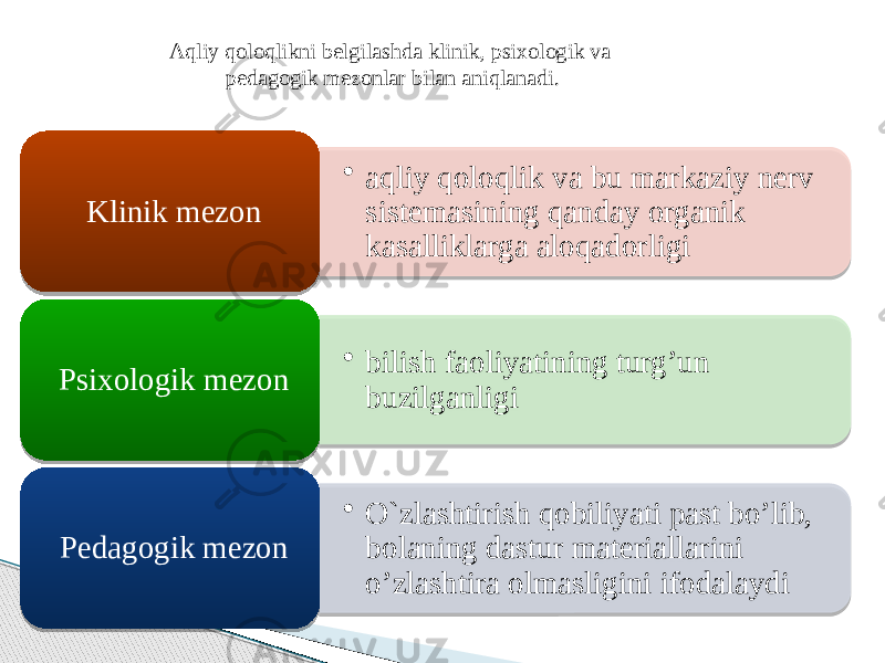 Aqliy qoloqlikni belgilashda klinik, psixologik va pedagogik mezonlar bilan aniqlanadi. • aqliy qoloqlik va bu markaziy nerv sistemasining qanday organik kasalliklarga aloqadorligiKlinik mezon • bilish faoliyatining turg’un buzilganligiPsixologik mezon • O`zlashtirish qobiliyati past bo’lib, bolaning dastur materiallarini o’zlashtira olmasligini ifodalaydi Pedagogik mezon 03 0C 1C 0D 28020309 03 1D 1D 47 03 01 1D 05 47 