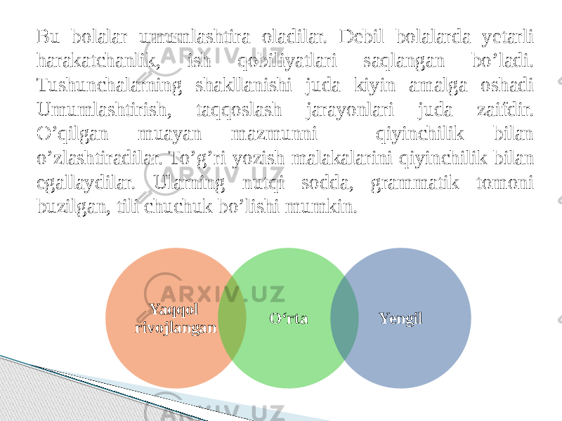 Bu bolalar umumlashtira oladilar. Debil bolalarda yetarli harakatchanlik, ish qobiliyatlari saqlangan bo’ladi. Tushunchalarning shakllanishi juda kiyin amalga oshadi Umumlashtirish, taqqoslash jarayonlari juda zaifdir. O’qilgan muayan mazmunni qiyinchilik bilan o’zlashtiradilar. To’g’ri yozish malakalarini qiyinchilik bilan egallaydilar. Ularning nutqi sodda, grammatik tomoni buzilgan, tili chuchuk bo’lishi mumkin. Yaqqol rivojlangan O‘rta Yengil 