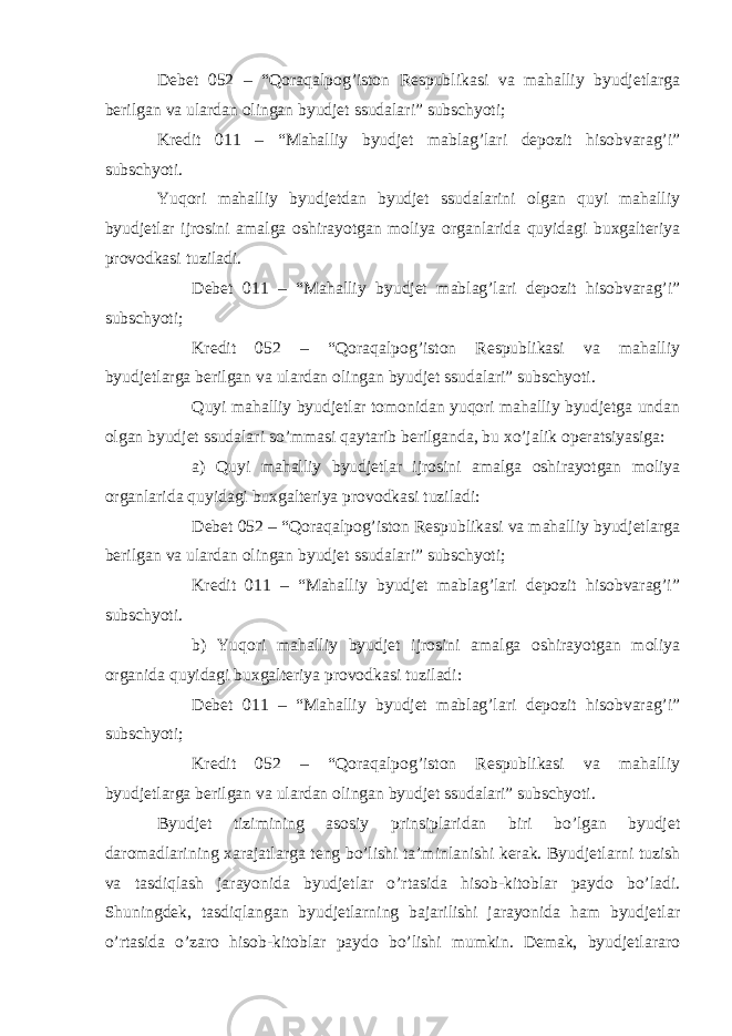 Debet 052 – “Qoraqalpog’iston Respublikasi va mahalliy byudjetlarga berilgan va ulardan olingan byudjet ssudalari” subschyoti; Kredit 011 – “Mahalliy byudjet mablag’lari depozit hisobvarag’i” subschyoti. Yuqori mahalliy byudjetdan byudjet ssudalarini olgan quyi mahalliy byudjetlar ijrosini amalga oshirayotgan moliya organlarida quyidagi buxgalteriya provodkasi tuziladi. Debet 011 – “Mahalliy byudjet mablag’lari depozit hisobvarag’i” subschyoti; Kredit 052 – “Qoraqalpog’iston Respublikasi va mahalliy byudjetlarga berilgan va ulardan olingan byudjet ssudalari” subschyoti. Quyi mahalliy byudjetlar tomonidan yuqori mahalliy byudjetga undan olgan byudjet ssudalari so’mmasi qaytarib berilganda, bu xo’jalik operatsiyasiga: a) Quyi mahalliy byudjetlar ijrosini amalga oshirayotgan moliya organlarida quyidagi buxgalteriya provodkasi tuziladi: Debet 052 – “Qoraqalpog’iston Respublikasi va mahalliy byudjetlarga berilgan va ulardan olingan byudjet ssudalari” subschyoti; Kredit 011 – “Mahalliy byudjet mablag’lari depozit hisobvarag’i” subschyoti. b) Yuqori mahalliy byudjet ijrosini amalga oshirayotgan moliya organida quyidagi buxgalteriya provodkasi tuziladi: Debet 011 – “Mahalliy byudjet mablag’lari depozit hisobvarag’i” subschyoti; Kredit 052 – “Qoraqalpog’iston Respublikasi va mahalliy byudjetlarga berilgan va ulardan olingan byudjet ssudalari” subschyoti. Byudjet tizimining asosiy prinsiplaridan biri bo’lgan byudjet daromadlarining xarajatlarga teng bo’lishi ta’minlanishi kerak. Byudjetlarni tuzish va tasdiqlash jarayonida byudjetlar o’rtasida hisob-kitoblar paydo bo’ladi. Shuningdek, tasdiqlangan byudjetlarning bajarilishi jarayonida ham byudjetlar o’rtasida o’zaro hisob-kitoblar paydo bo’lishi mumkin. Demak, byudjetlararo 